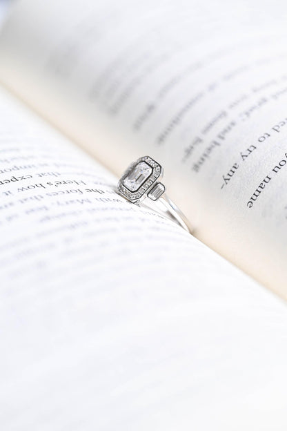 1.0 CT Emerald Cut Halo Three Stone Moissanite Engagement Ring