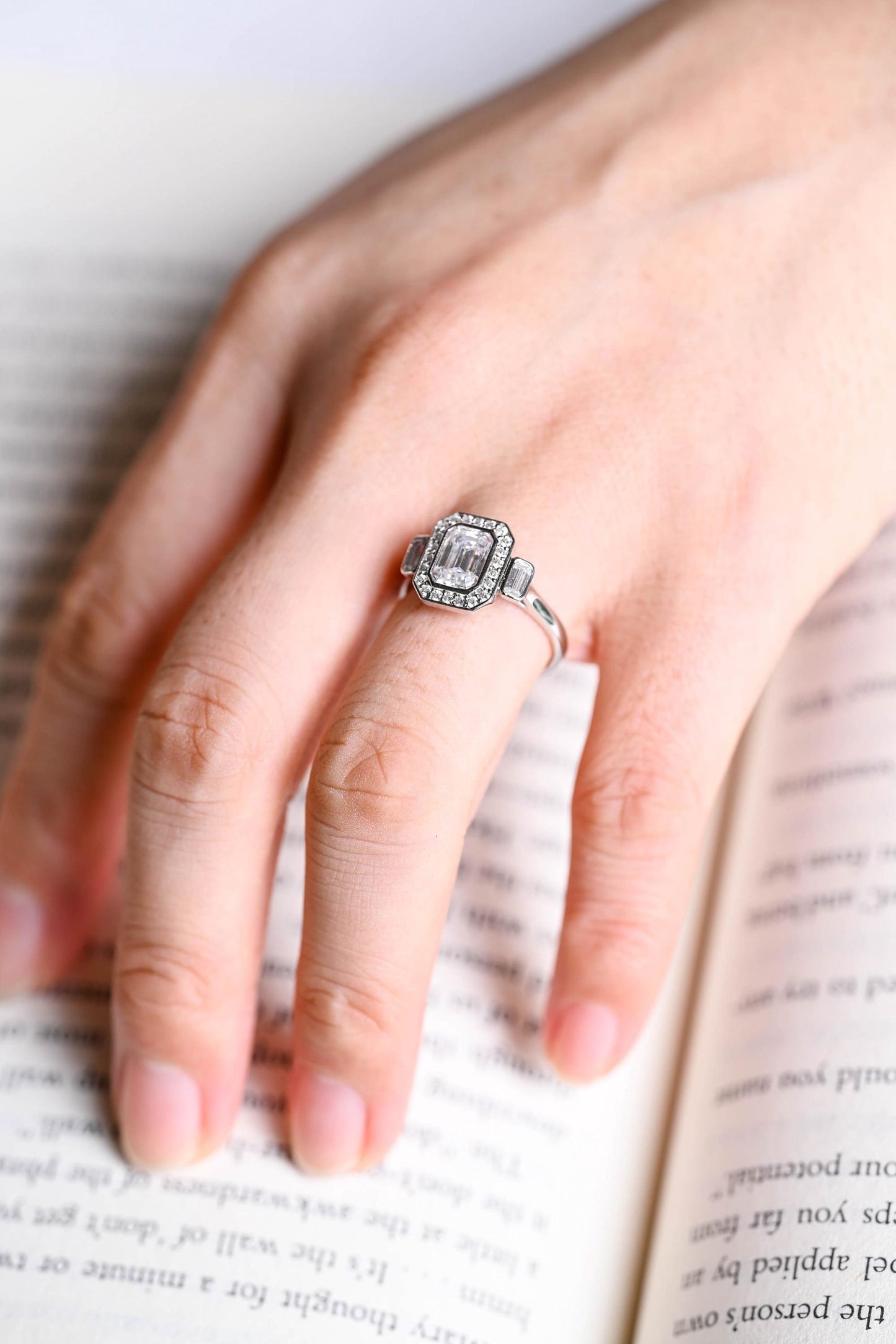 1.0 CT Emerald Cut Halo Three Stone Moissanite Engagement Ring