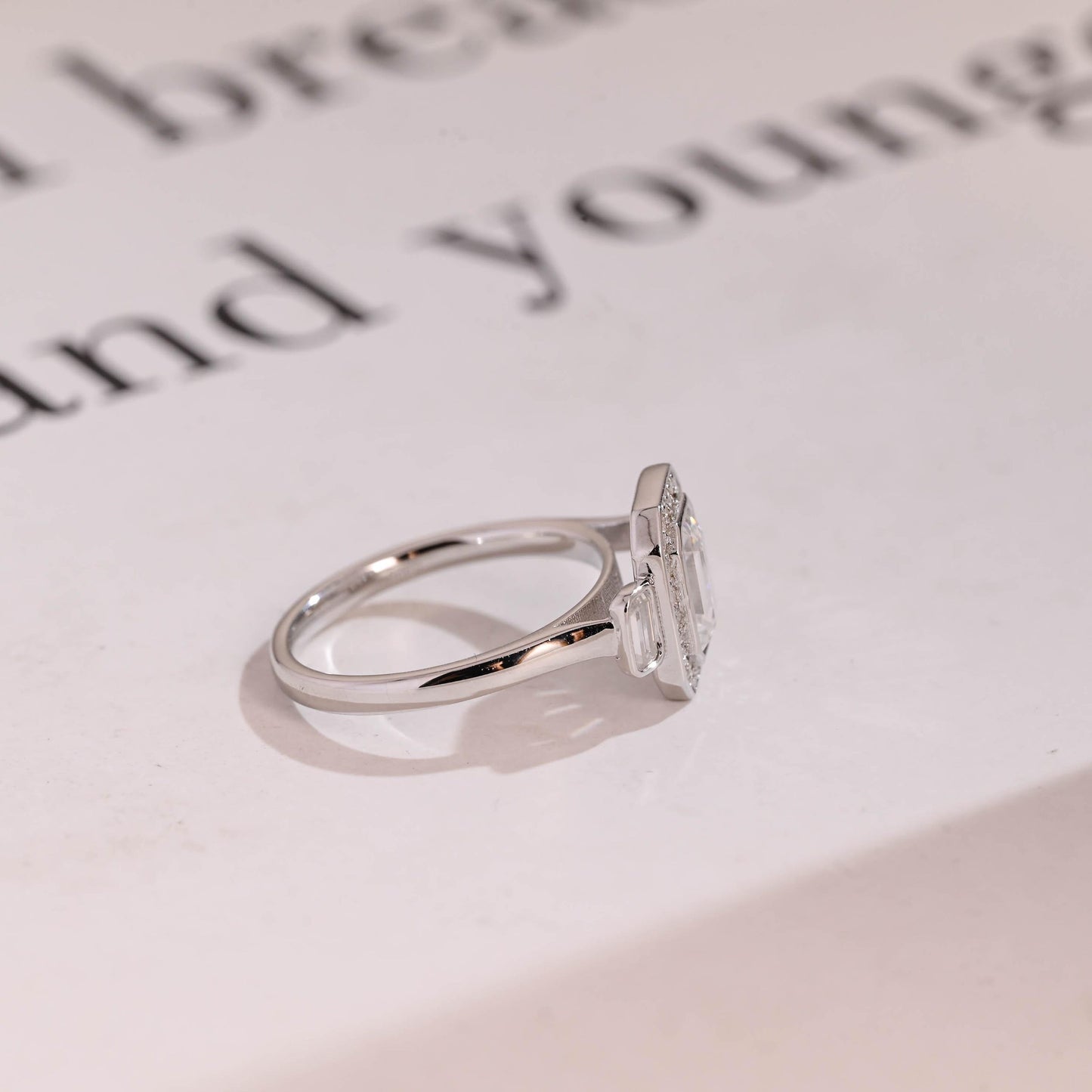 1.0 CT Emerald Cut Halo Three Stone Moissanite Engagement Ring