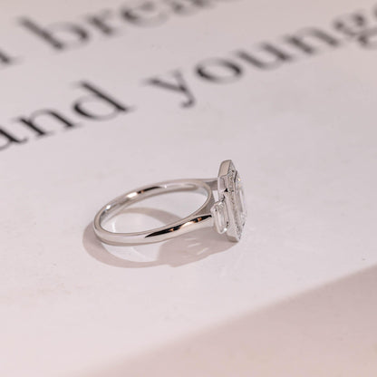 1.0 CT Emerald Cut Halo Three Stone Moissanite Engagement Ring