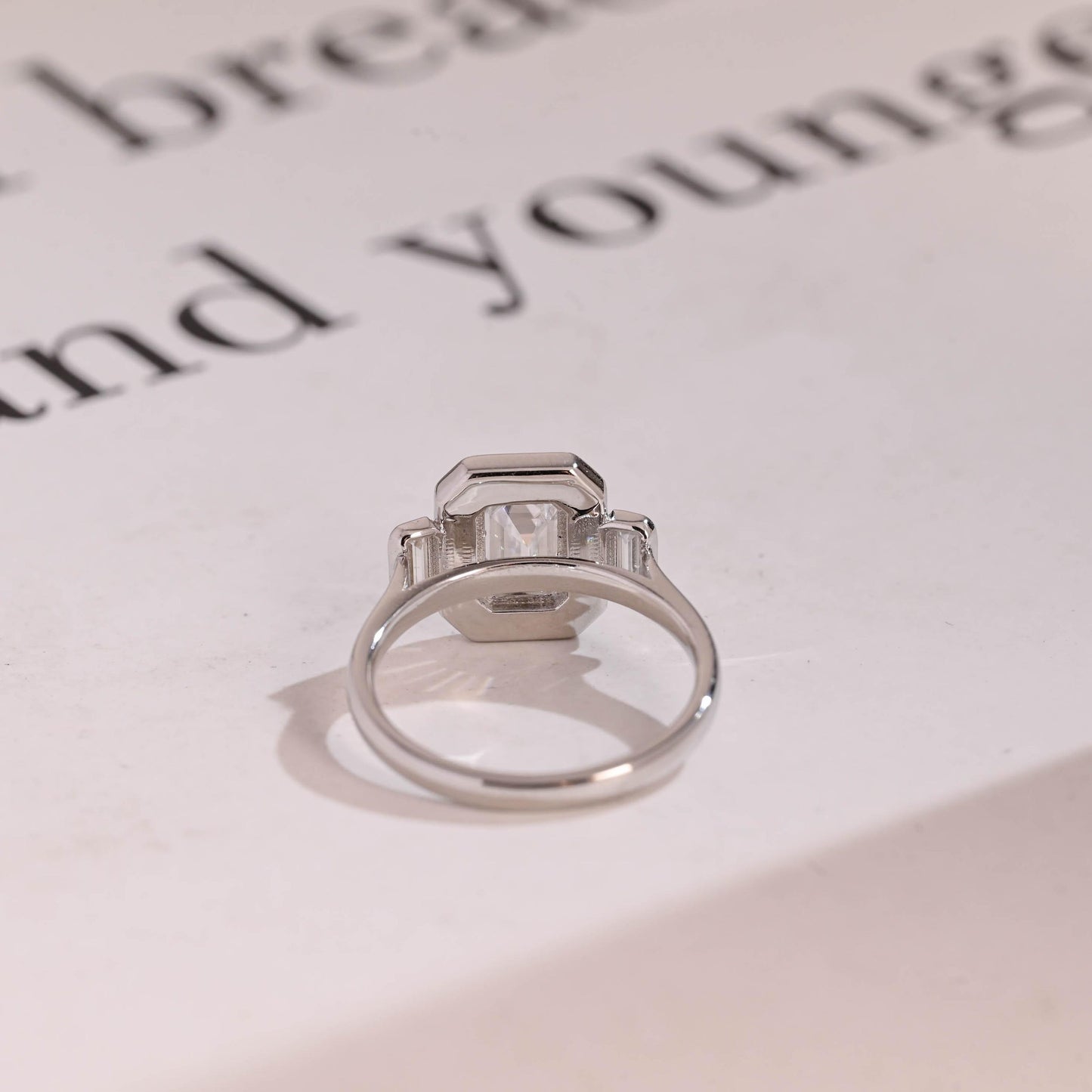 1.0 CT Emerald Cut Halo Three Stone Moissanite Engagement Ring