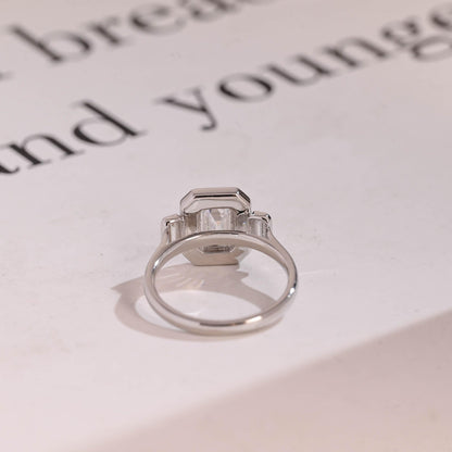 1.0 CT Emerald Cut Halo Three Stone Moissanite Engagement Ring