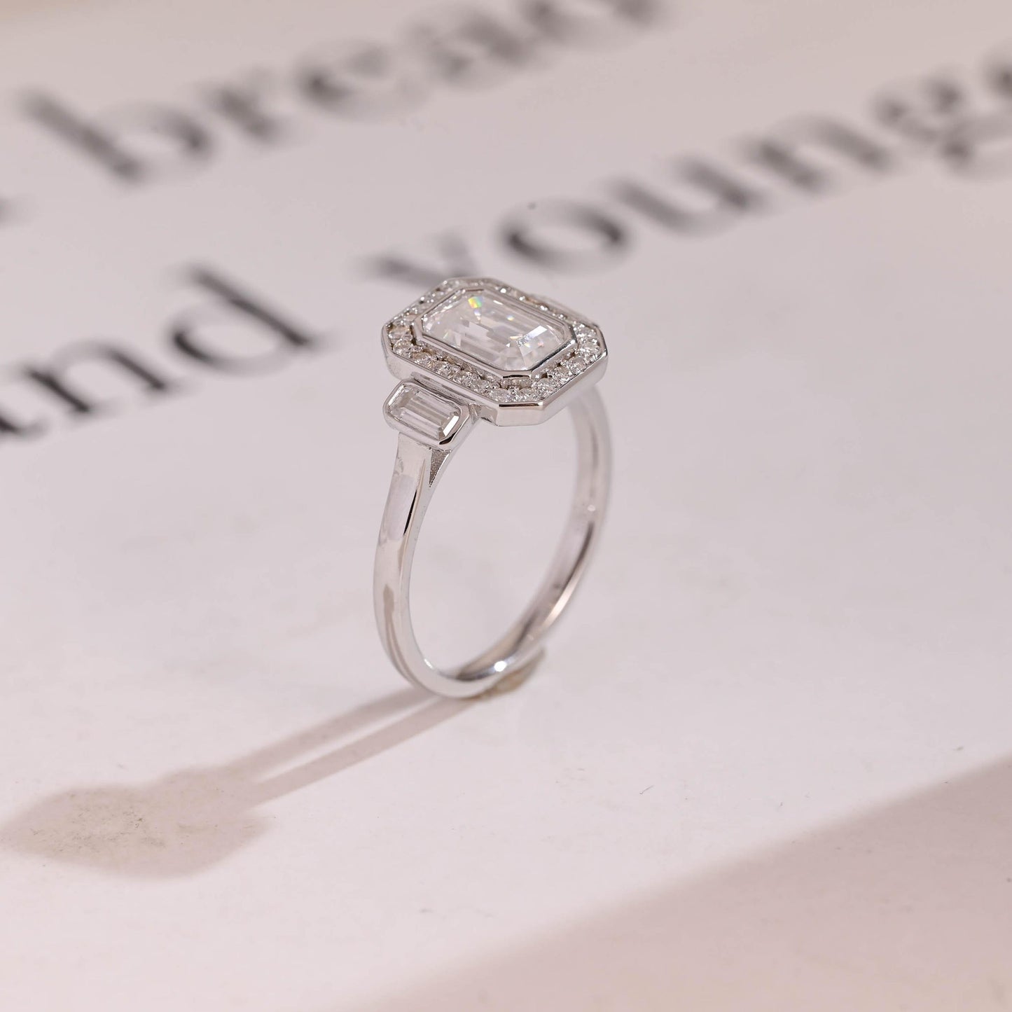 1.0 CT Emerald Cut Halo Three Stone Moissanite Engagement Ring