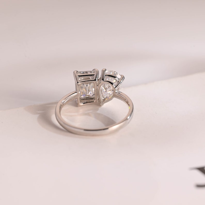 2.0 CT Pear & Emerald Cut Two Stone Moissanite Engagement Ring