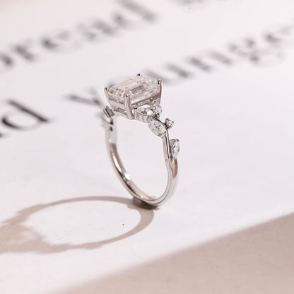 2.0 CT Emerald Cut Leaf Moissanite Engagement Ring