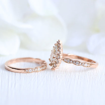 Audrey- 1.20 CT Pear Moissanite Halo & Pave Bridal Ring Set