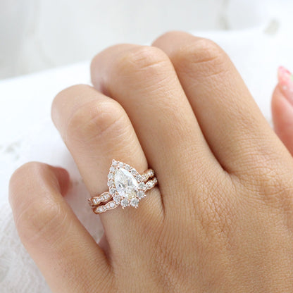 Audrey- 1.20 CT Pear Moissanite Halo & Pave Bridal Ring Set