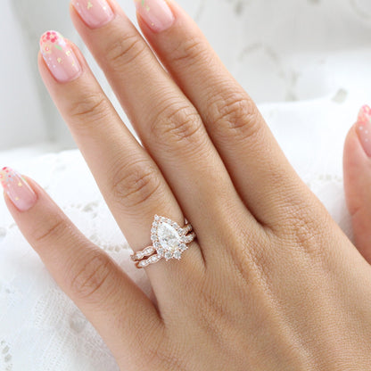 Audrey- 1.20 CT Pear Moissanite Halo & Pave Bridal Ring Set