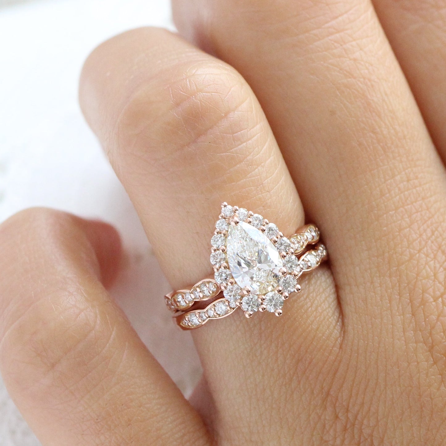Audrey- 1.20 CT Pear Moissanite Halo & Pave Bridal Ring Set