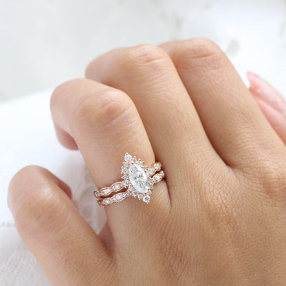 Eleanor- 2.0 CT Marquise Moissanite Halo & Pave Bridal Ring Set