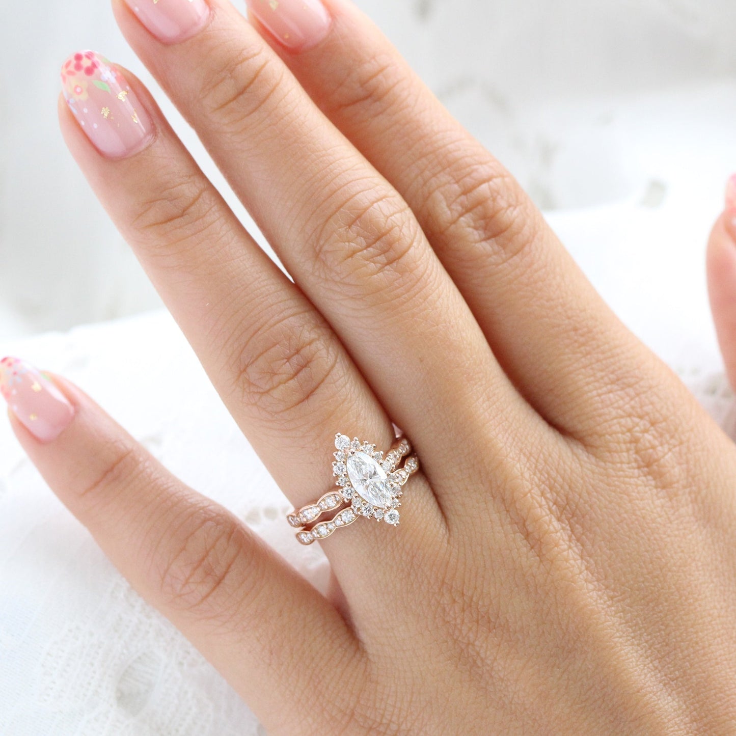 Eleanor- 2.0 CT Marquise Moissanite Halo & Pave Bridal Ring Set