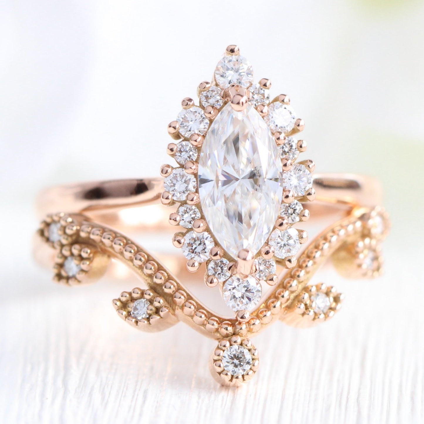 Isabella- 1.0 CT Marquise Moissanite Halo Bridal Ring Set