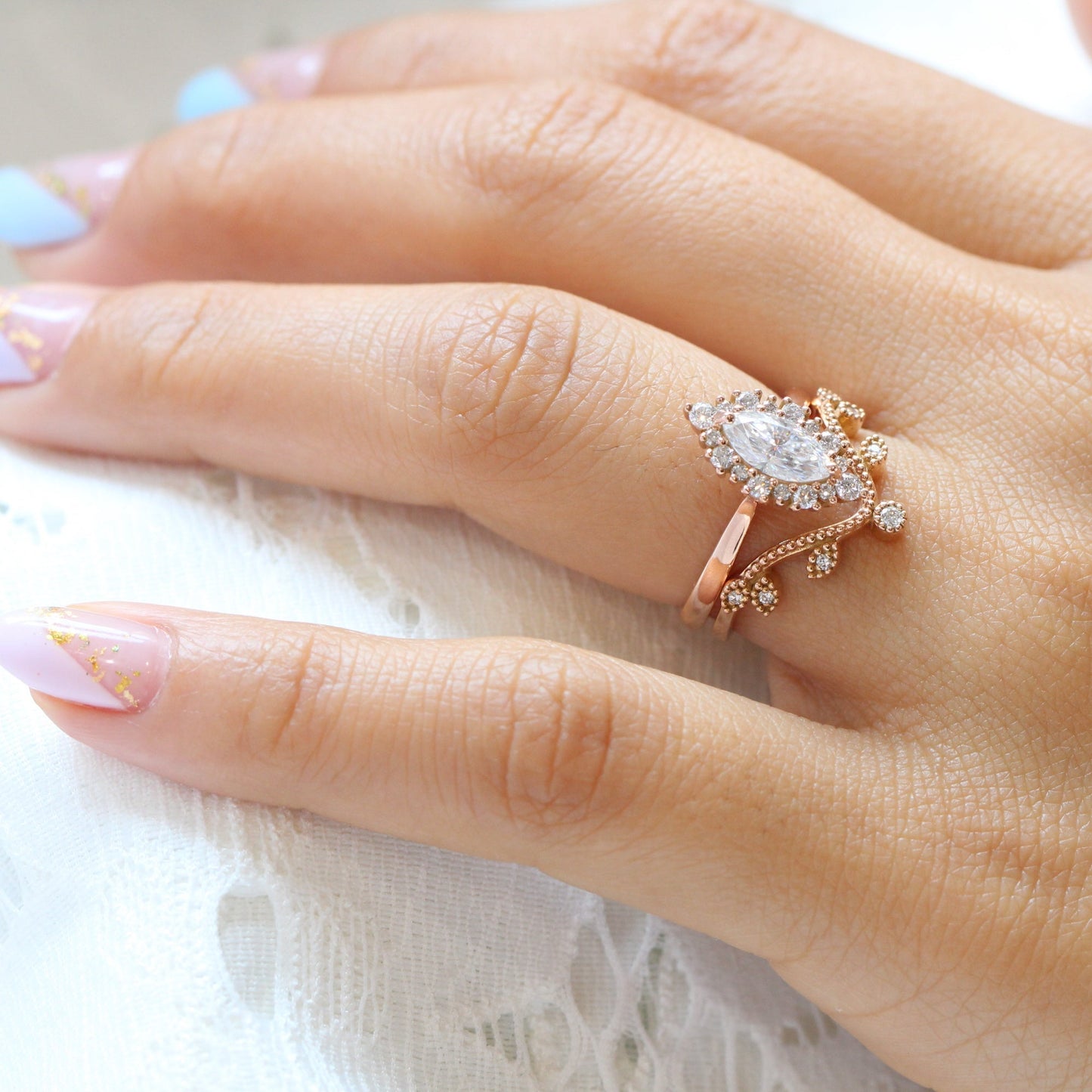 Isabella- 1.0 CT Marquise Moissanite Halo Bridal Ring Set