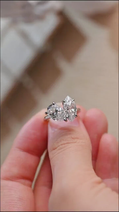 2.0 CT Marquise & Pear Cut Two Stone Moissanite Engagement Ring