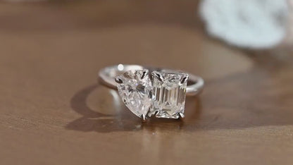 2.0 CT Pear & Emerald Cut Two Stone Moissanite Engagement Ring