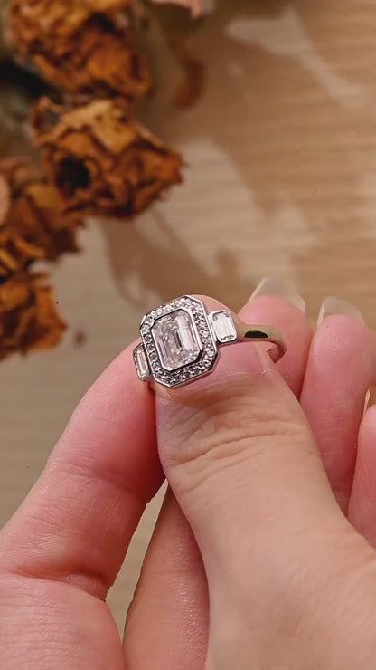 1.0 CT Emerald Cut Halo Three Stone Moissanite Engagement Ring