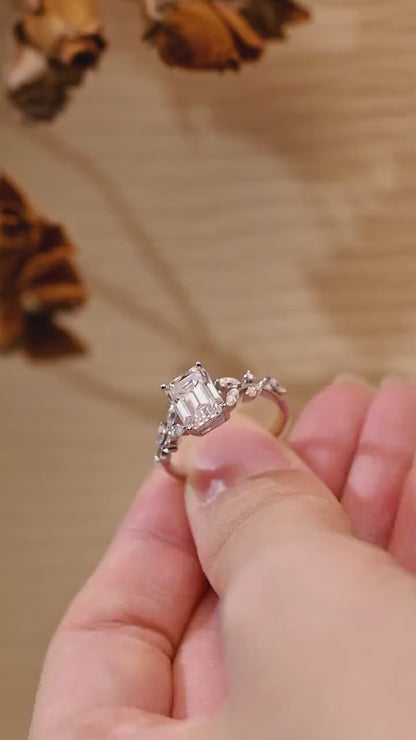 2.0 CT Emerald Cut Leaf Moissanite Engagement Ring