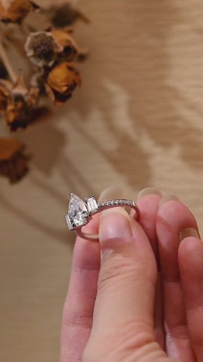 2.5 CT Pear Cut Three Stone Moissanite Engagement Ring