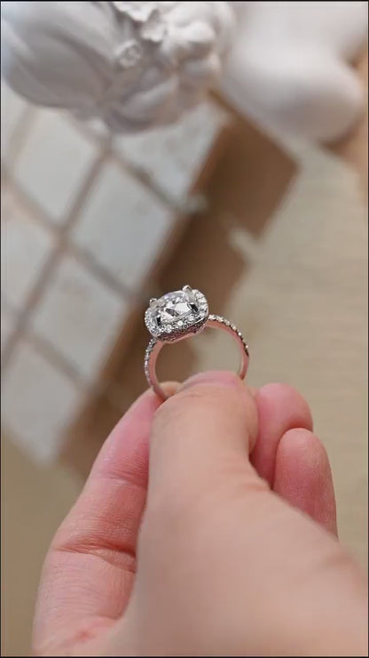1.0 CT Cushion Cut Halo Moissanite Engagement Ring