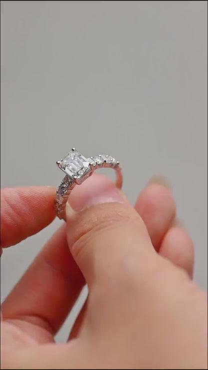 2.0 CT Emerald Cut Half Pave Moissanite Engagement Ring